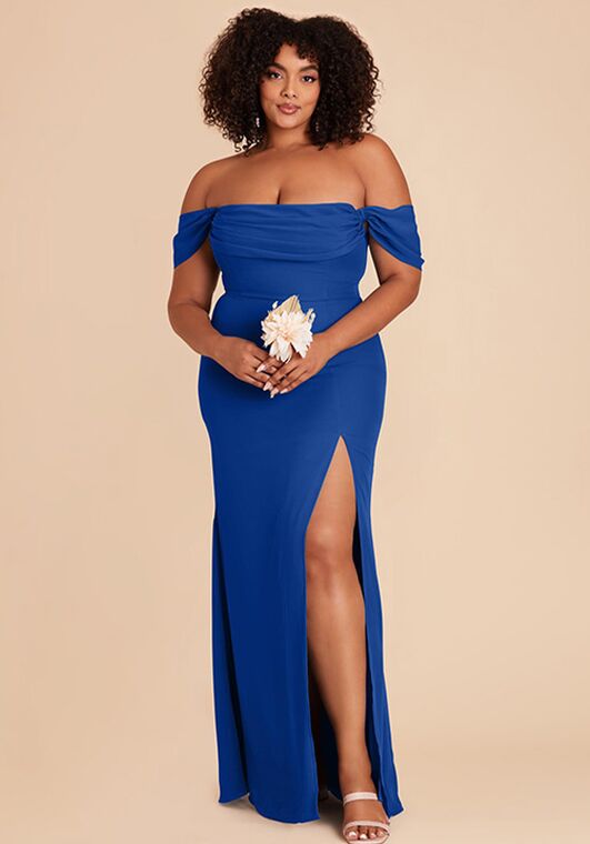 Birdy Grey Mira Chiffon Dress in Cobalt Blue Off the Shoulder Bridesmaid Dress - 4