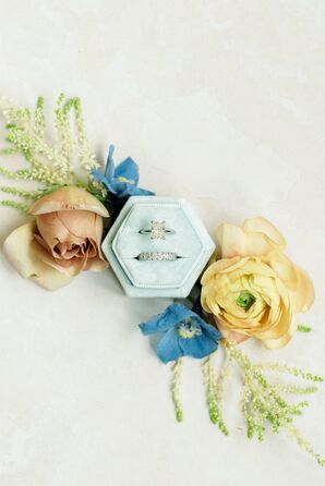 Pale Blue Velvet Ring Box With Diamond-Studded Wedding Band and Solitare Engagement Ring, Square-Cut