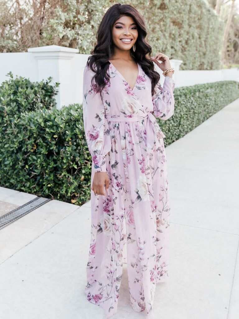 Pink Lily blush floral maxi wedding guest dress with long sleeves and flowy skirt