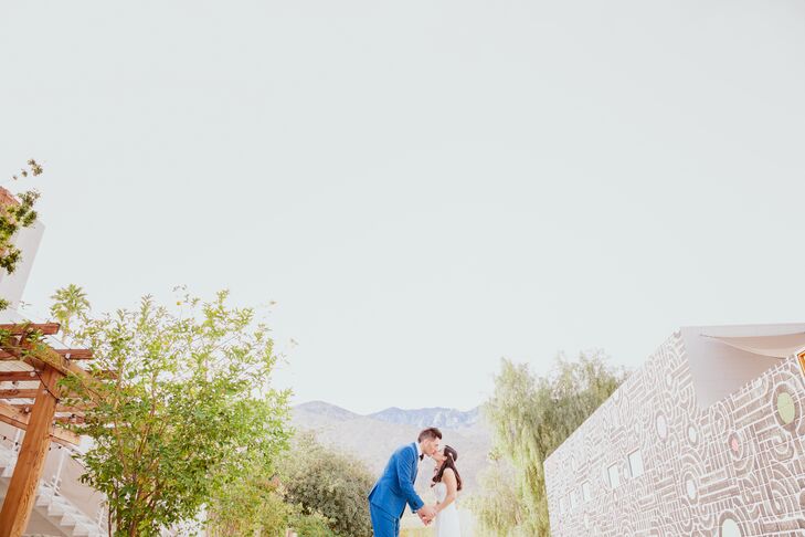 Of all the wedding day attire, Brian's clothes were the brightest and most bold by far. He sported a bright blue jacket and pants combination by Paul Smith, paired with a button-down white dress shirt and a classic bow tie.