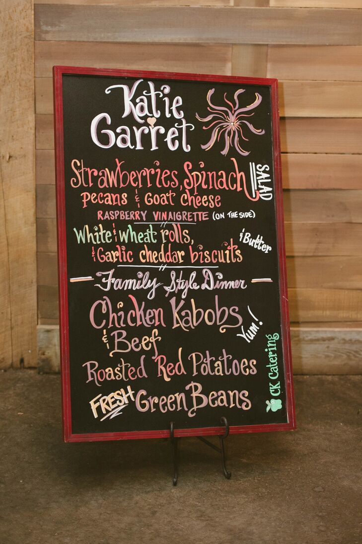 Committed to throwing a relaxed, family-friendly bash, Katie and Garret served dinner family style. "We focused on the vintage theme using chalkboards, mason jars, burlap and wood bases," Katie says. "Our decorations were quite minimal."
