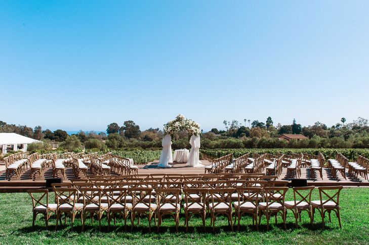 "The ceremony chuppah was raised up on a custom-built wooden deck that made the ceremony feel more intimate," Alyssa says. "The seats were set up in a semicircle around us, which I highly recommend for shy brides."