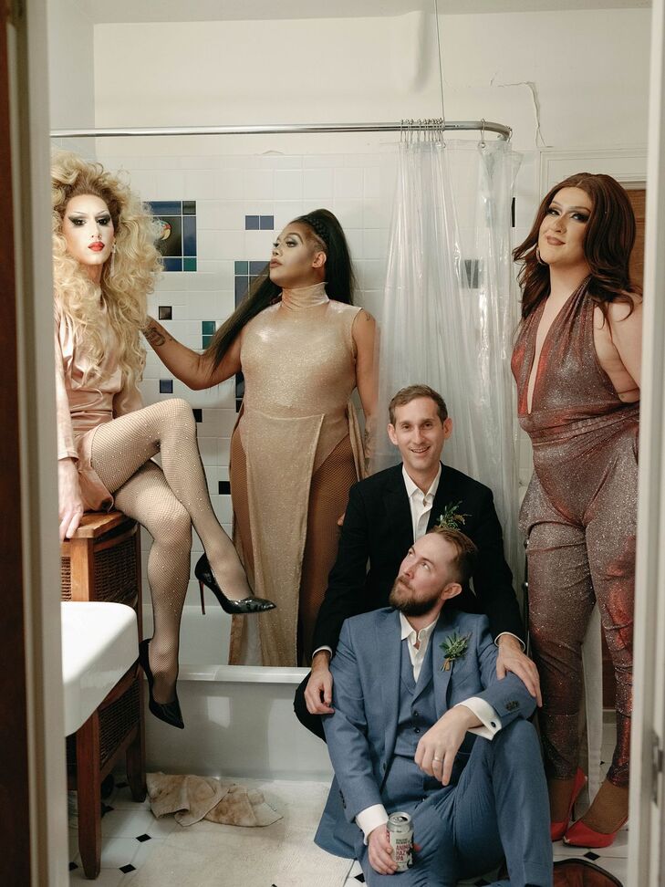 Grooms and Drag Queens Posing in Bathroom