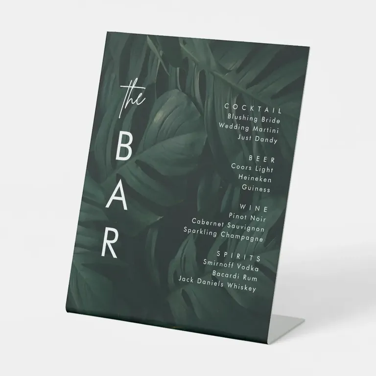 Tropical palm bar menu sign for wedding