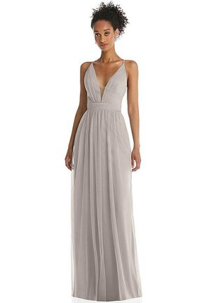 Dessy Group Illusion Deep V-Neck Tulle Maxi Dress with Adjustable Straps - TH062 V-Neck Bridesmaid Dress