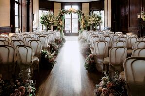 Bentwood Chairs Covered in Sheer Chair Covers for Ceremony at Wave Hill in the Bronx, New York
