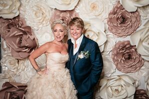 Newlyweds in Blush-Colored Wedding Gown and Navy Suit