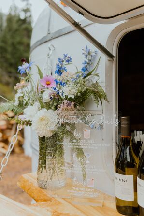 Custom, Clear Signature Cocktail Menu With Illustrations, Wildflower Bouquet on the Bar