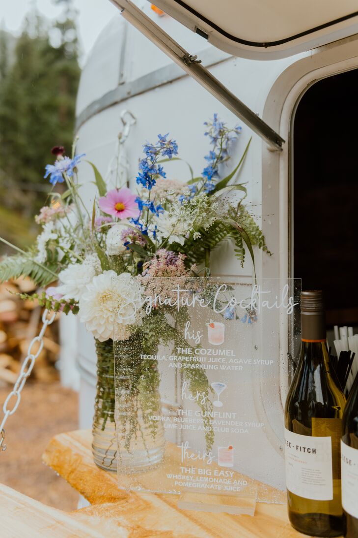 Custom, Clear Signature Cocktail Menu With Illustrations, Wildflower Bouquet on the Bar
