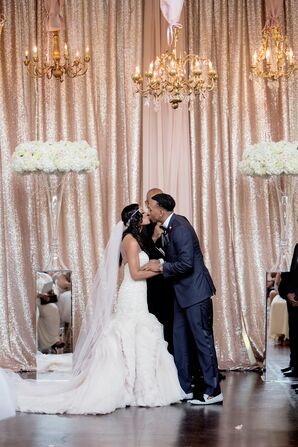 Glam Blush Sequin Ceremony Backdrop and Chandeliers