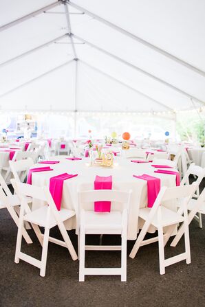 Simple White and Hot Pink Tented Wedding Reception