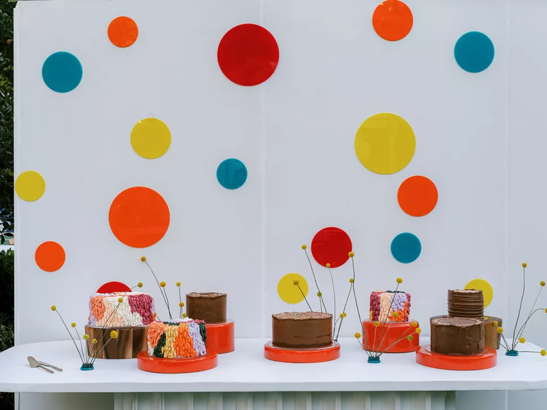 Polka-dot wedding cake display for a dessert buffet