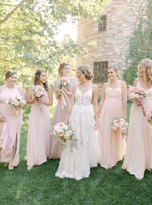 Bridesmaids in Long Blush Dresses at Kestrel Park in Santa Ynez, California
