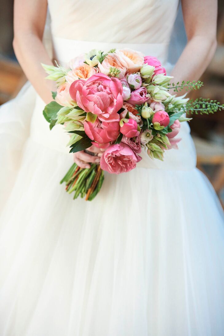 With peonies being Emma’s favorite flowers, the beautiful bloom was bound to make an appearance in the bride-to-be’s bouquet. The lush arrangement featured peonies, garden roses, anemones, tulips, ranunculuses and wildflowers for a romantic, yet playful look. “I love peonies because they have such lush texture and warm color,” says Emma. “They embody romance and prosperity and are regarded as an omen of good fortune and a happy marriage!”