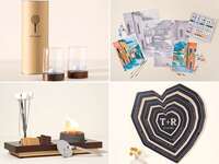 Collage of four anniversary gift ideas from The Knot and Uncommon Goods