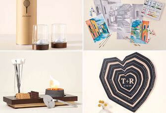 Collage of four anniversary gift ideas from The Knot and Uncommon Goods