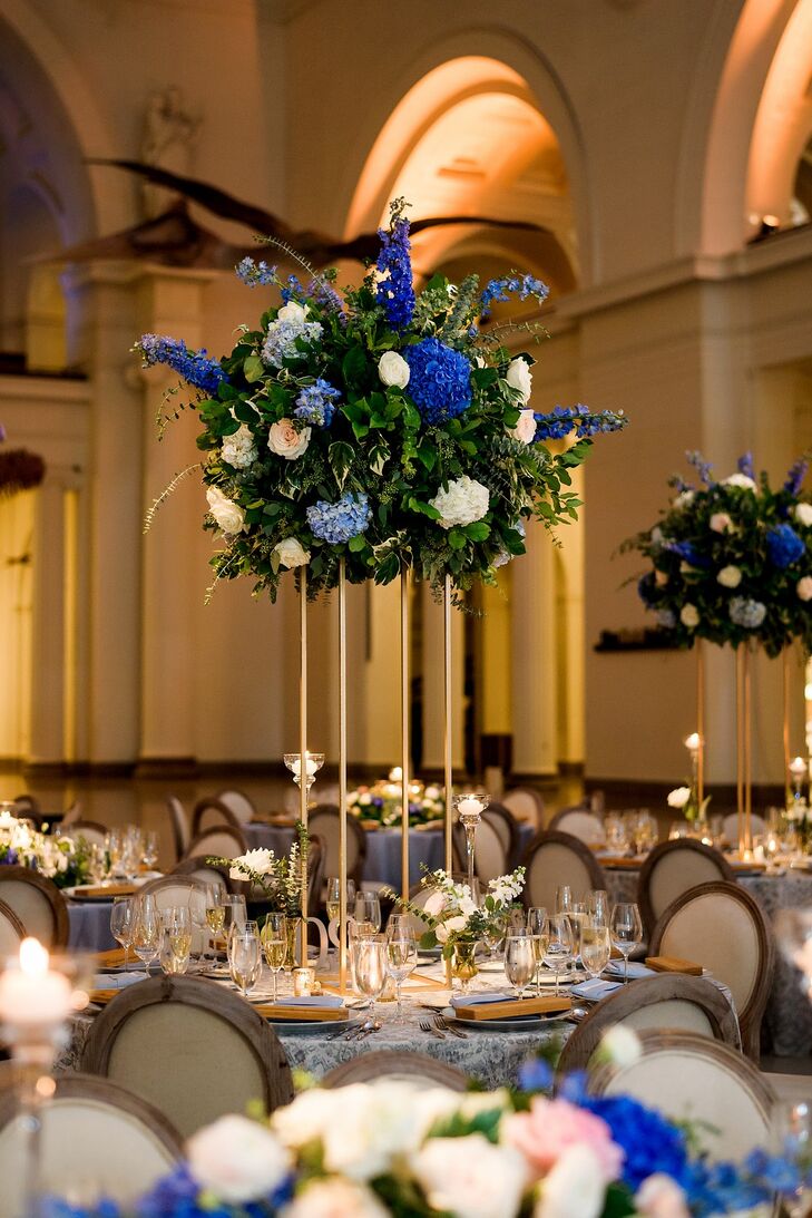 Tall Centerpieces with Blue Hydrangeas, White Roses and Gold Vase