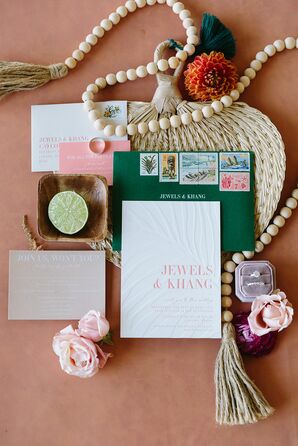 A Tropical, Boho-Chic Wedding Invitation Suite With Pink and Green Details