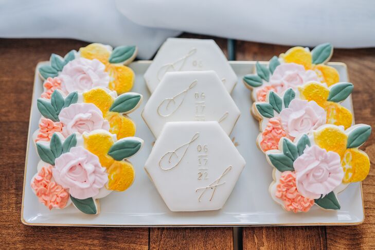 Custom Cookies With Couple's Wedding Date and Bright Floral Design