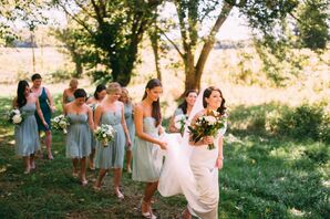 Bridesmaids in Dusty Shale J. Crew Dresses