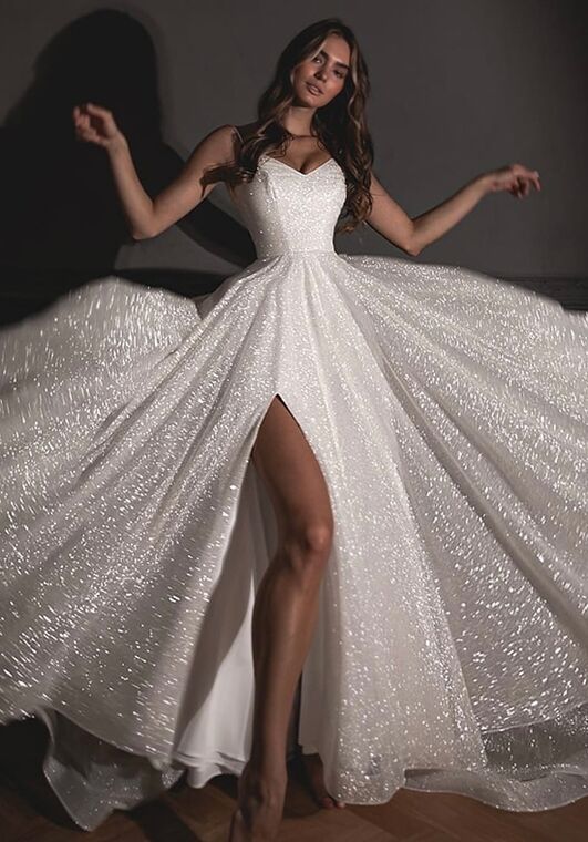 Olivia Bottega Shiny Wedding Dress Bree with a High Front Slit A-Line Wedding Dress - 4