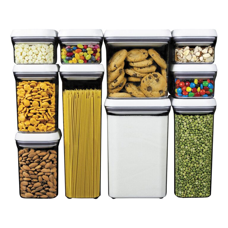 OXO pop containers filled with pasta, cookies and other storage needs in a neat stack