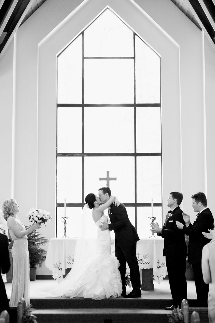 One of the first things Neil said to Ashley after they got engaged is that he always imagined seeing her walk through church doors on their wedding day. “It was so sweet,” she says. They exchanged vows in front of an expansive window at the Chapel at Beaver Creek in Avon, Colorado, at the base of Beaver Creek Mountain. “Skiers were swooshing down, and the sun was shining in on a beautiful Colorado day,” Ashley says. After the ceremony, Ashley surprised Neil with a traditional Austrian horn blower “to keep a little mountain flair.”