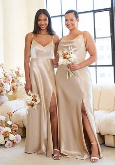 Birdy Grey Jay Shiny Satin Dress in Neutral Champagne V-Neck and Plunge Bridesmaid Dress