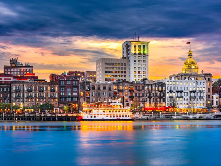 Skyline on the Savannah River at dusk, Savannah, Georgia