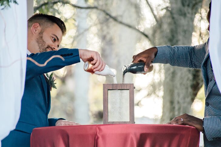 Grooms Pouring Sand into Vase for Unity Ceremony