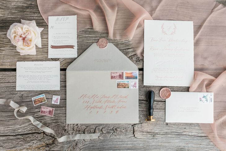 Rose Gold Script Invitations with Laurel Monogram