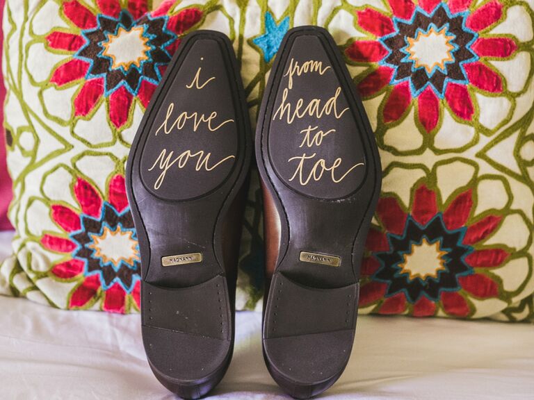 Wedding shoes with messages on the bottom