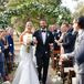 Couple Posing, Neutral Flowers, Classic Wedding Look, Black Tuxedo, Cathedral Length Veil