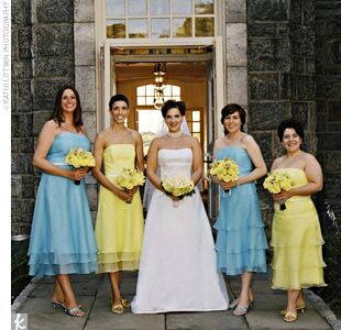 The four bridesmaid dresses were particularly color-drenched: Two ladies wore chartreuse-colored dresses, while the other two attendants wore aqua-colored dresses.