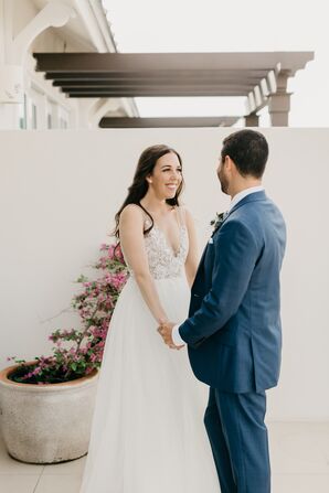 Bride in Romantic A-Line Gown with Sheer Lace Top