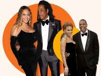 Collage featuring various shots of Beyonce and Jay-Z smiling at the camera. 