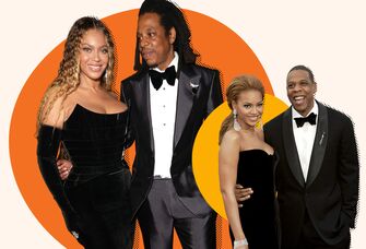 Collage featuring various shots of Beyonce and Jay-Z smiling at the camera. 