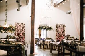 Indoor Reception with Pink Rose Flower Wall