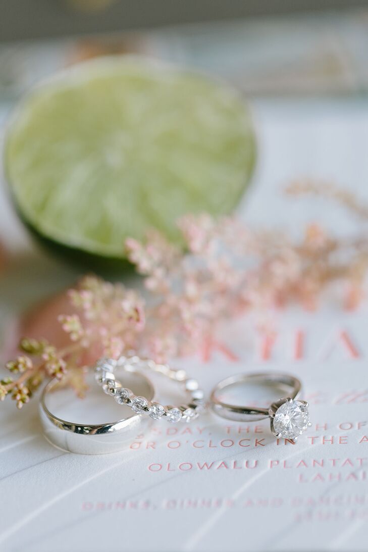 A Solid Wedding Band, A Band of Small Diamonds and a Solitaire Engagement Ring