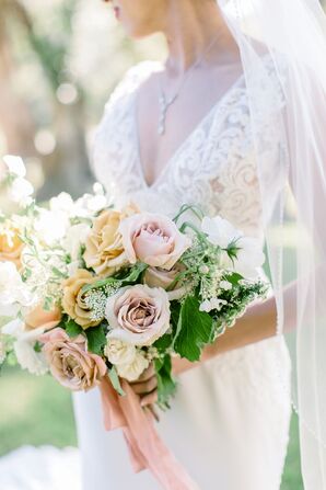 Romantic Wedding Bouquet With Mauve Roses, Queen Anne's Lace and Sweet Peas