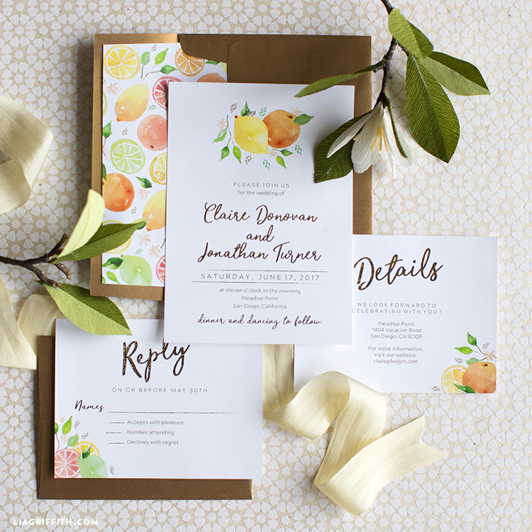 Citrus squeeze wedding invitations orange lemon greenery