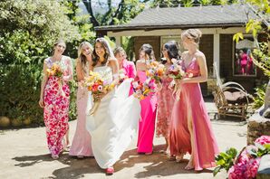 Bride in Sleek Gown With Bridesmaids in Hot, Bright Pink Dresses, Wildflower Bouquets