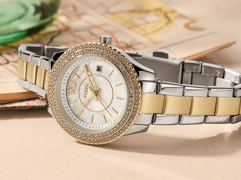Fossil sterling silver and gold engraved watch wedding gift for bride