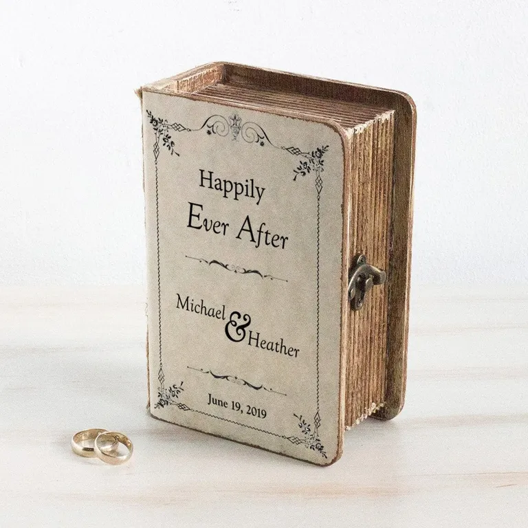 Personalized rustic ring bearer book shaped box 