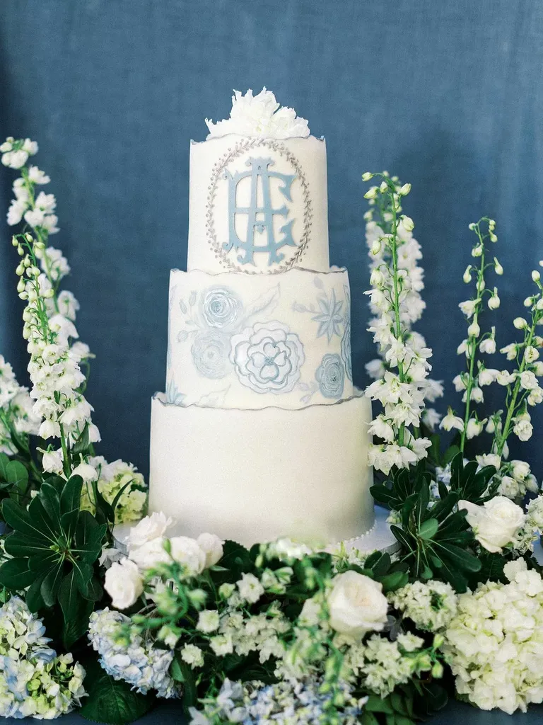 Three-Tier, White-and-Blue, Chinoiserie Themed Wedding Cake With Logo
