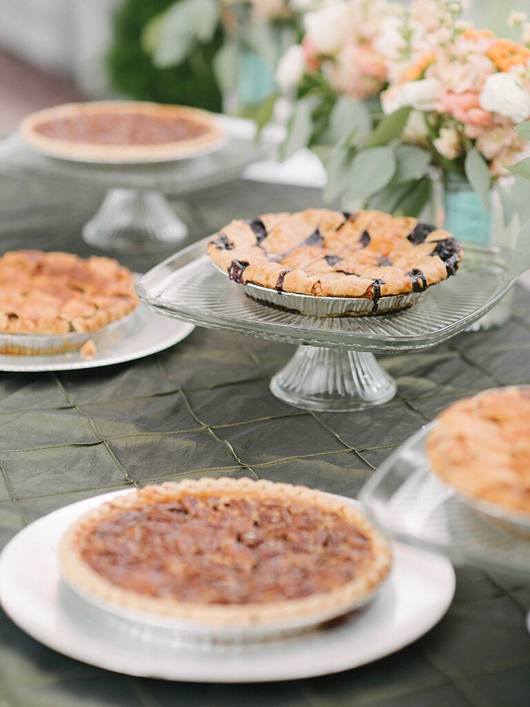 Southern wedding food dessert option with pecan, bluberry and apple pies