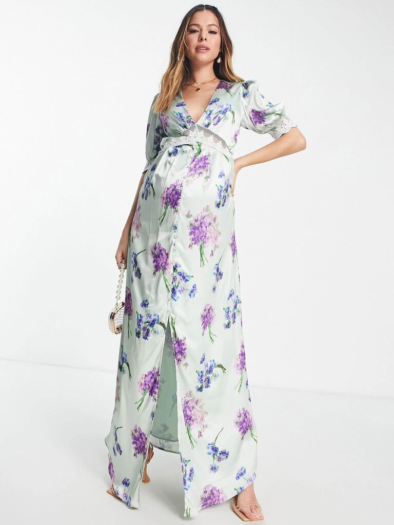 Hope & Ivy floral postpartum wedding guest dress with puffed sleeves and flowy skirt