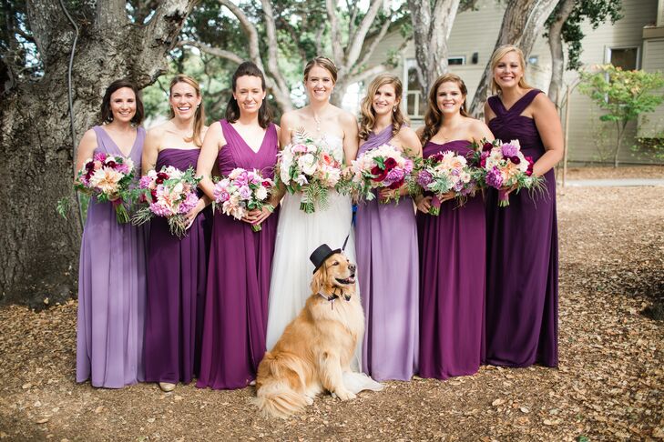 When it came to dresses, Laura provided her bridesmaids with options. "I decided on a variety of magenta, purple and lilac Monique Lhuillier, floor-length gowns. I liked the weddings I had seen where the bridesmaids didn't all wear exactly the same gown, but each was able to wear a gown that helped them feel their best."