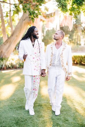 Grooms in Second, Custom-Made White Outfits With Floral Details