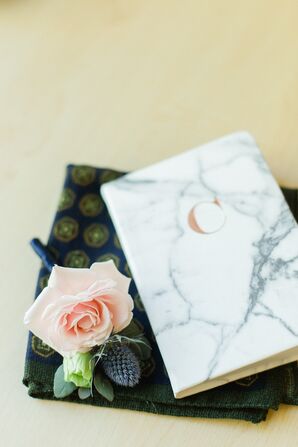 Blue Thistle Boutonniere and Marble Vow Book